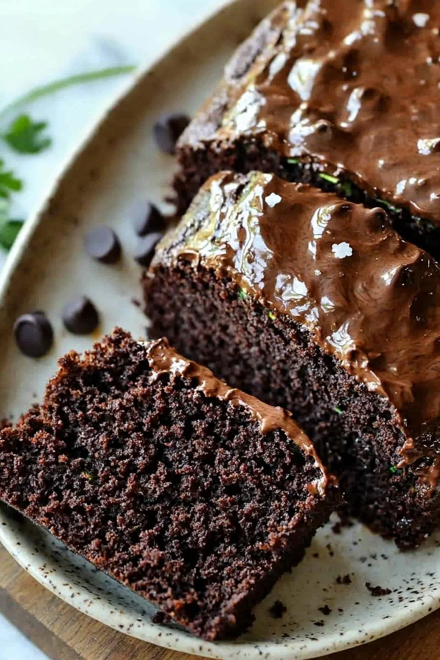 Delicious Chocolate Lover's Zucchini Cake topped with chocolate frosting and garnished