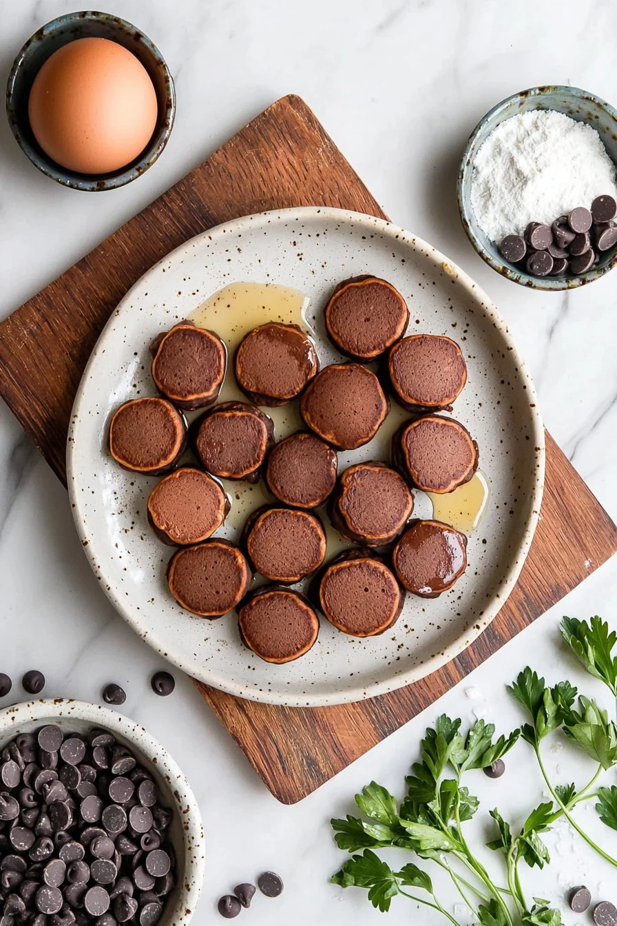 Delicious chocolate pancake bites served on a plate with syrup