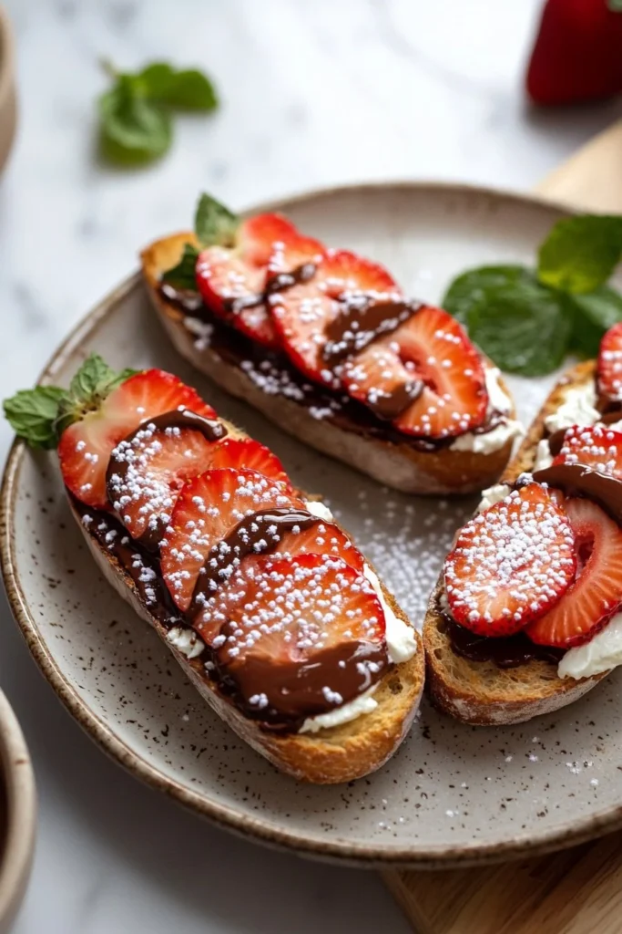 Chocolate Strawberry Bruschetta Dessert with fresh strawberries and chocolate drizzle