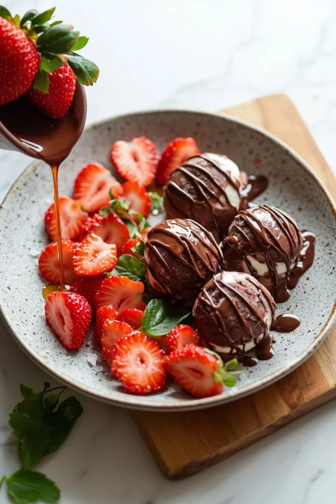 Chocolate strawberry frozen yogurt bites served in a bowl