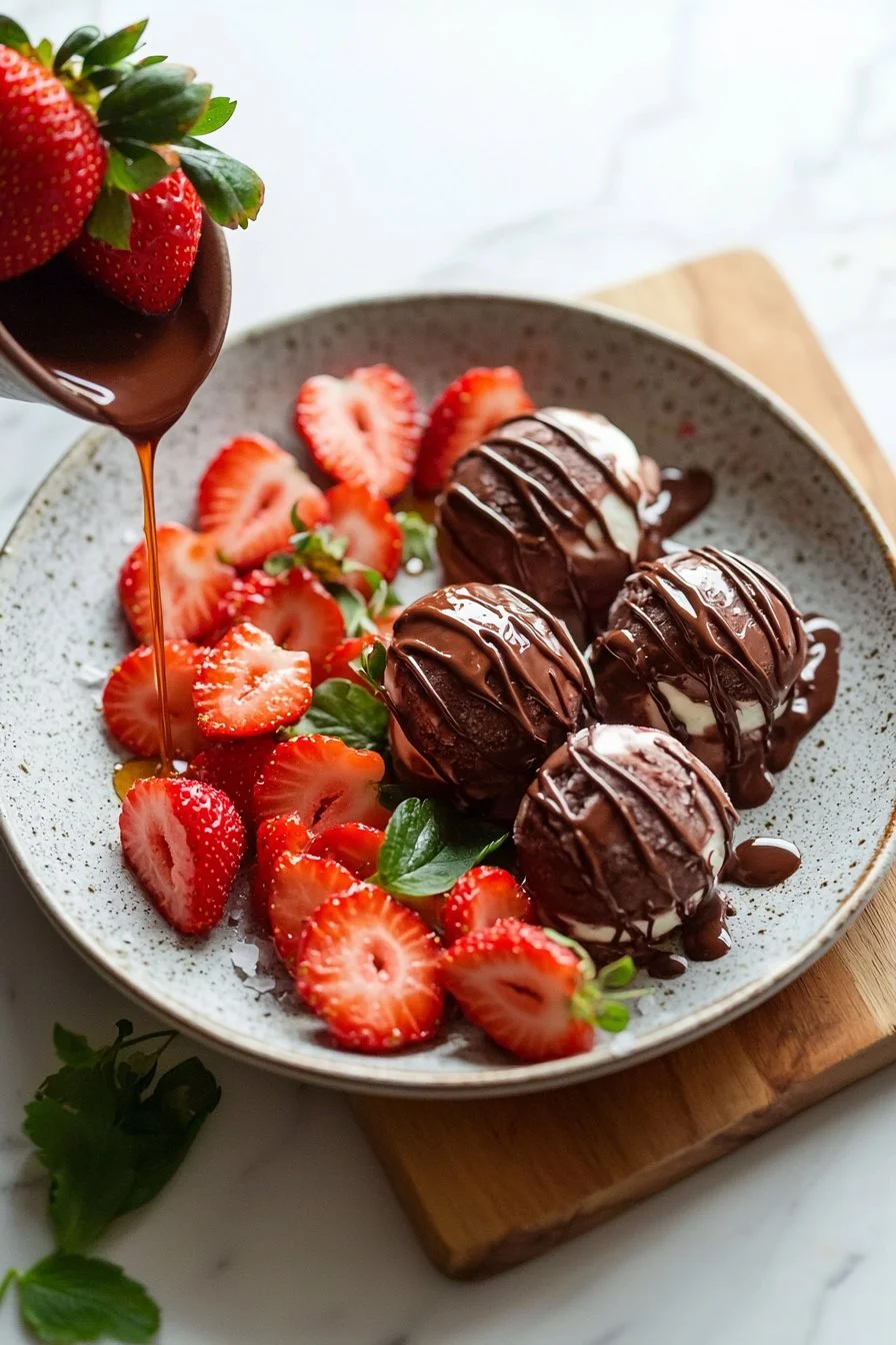 Chocolate strawberry frozen yogurt bites served in a bowl
