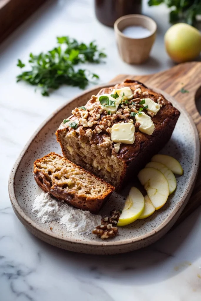 Loaf of freshly baked cinnamon apple bread with slices on a plate