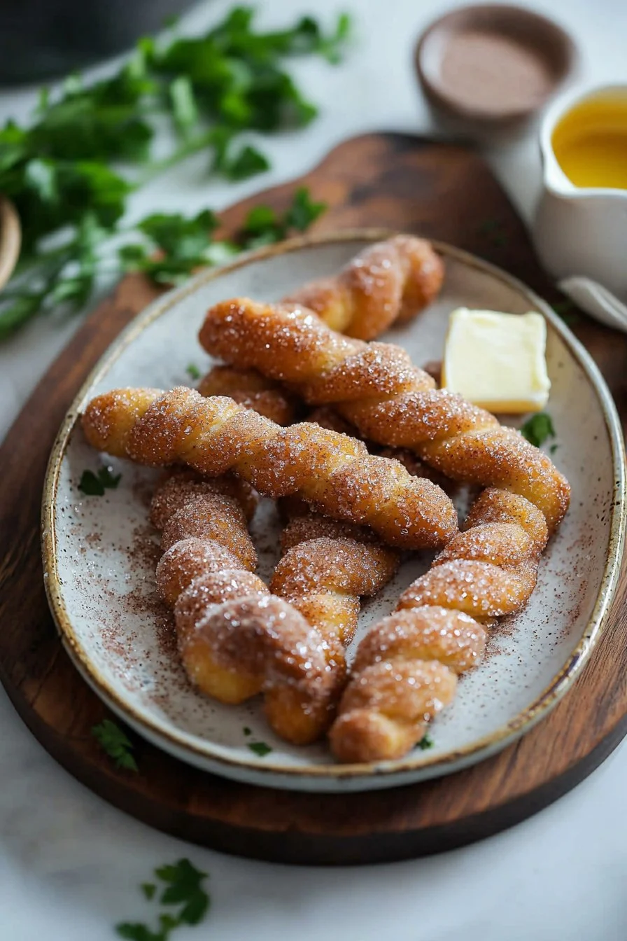 Freshly baked cinnamon donut twists coated in cinnamon sugar.