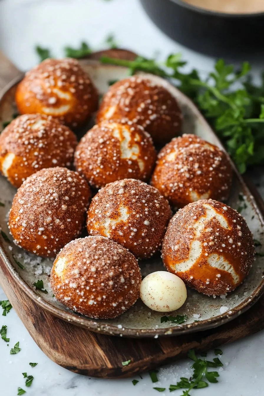 Freshly baked cinnamon pretzel bites topped with sugar and cinnamon.