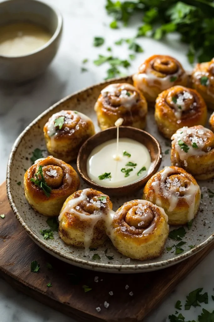 Delicious cinnamon roll bites served on a white plate with icing