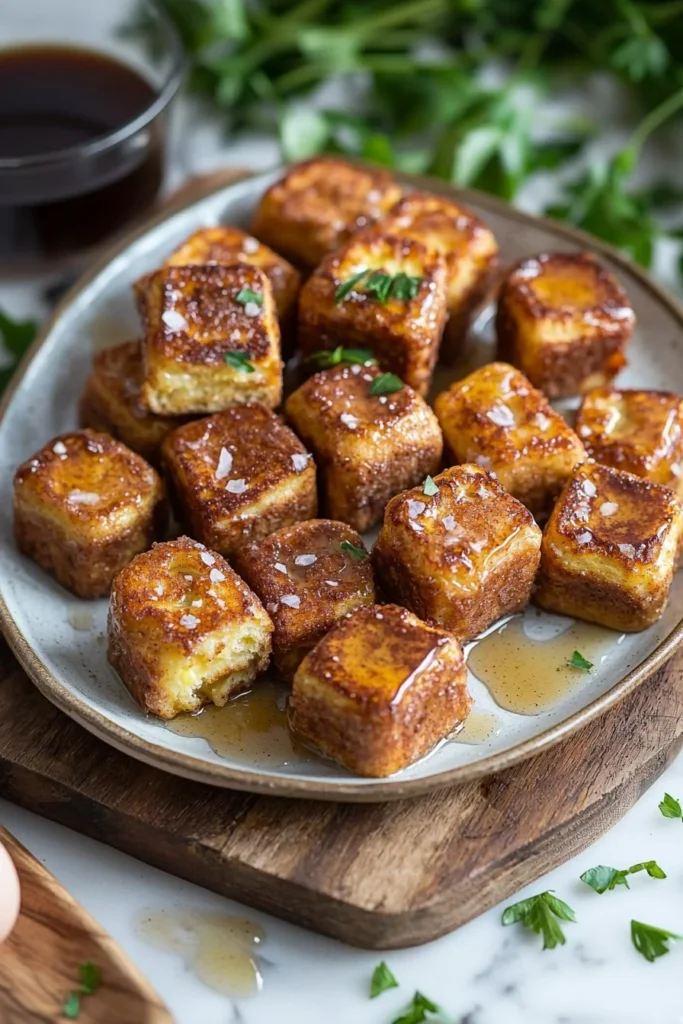 Deliciously baked Cinnamon Roll French Toast Bites drizzled with icing