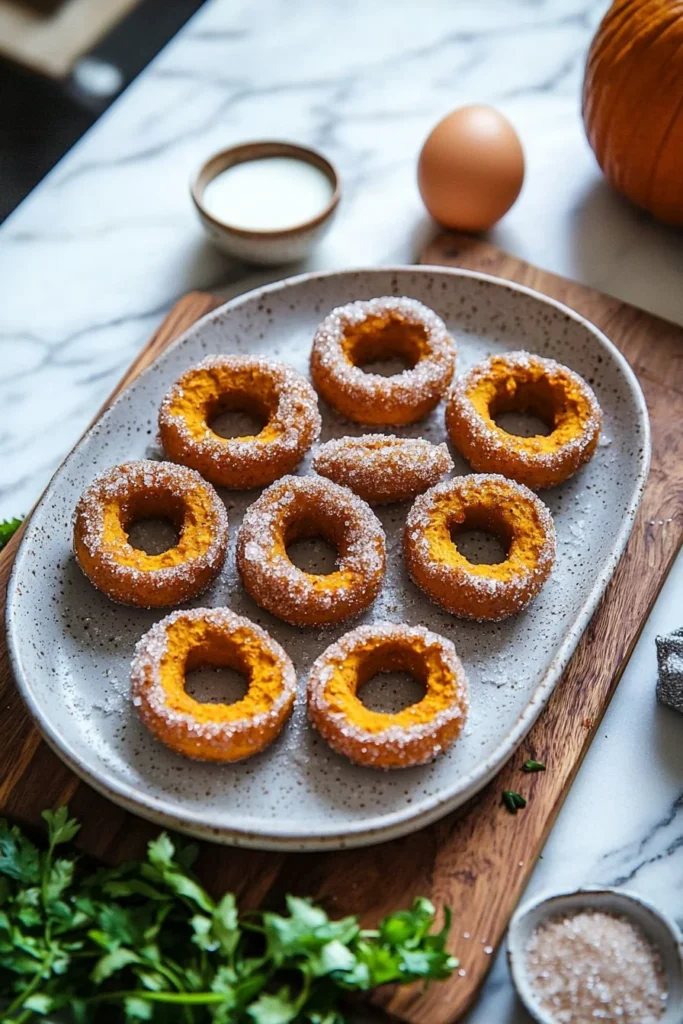 Cinnamon sugar pumpkin donut holes served on a plate, perfect for fall treats.