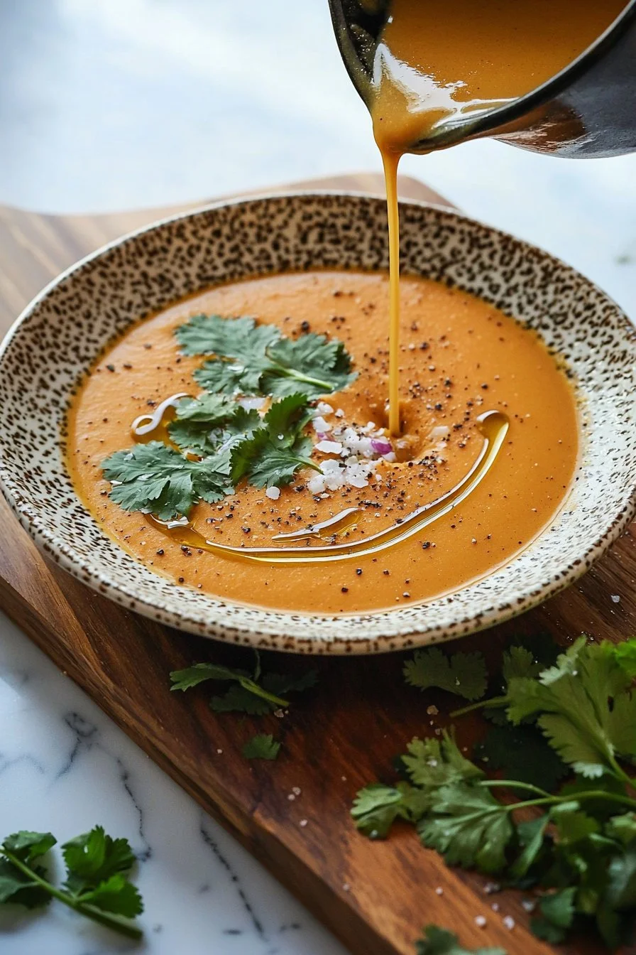 Bowl of Coconut Curry Pumpkin Soup garnished with herbs