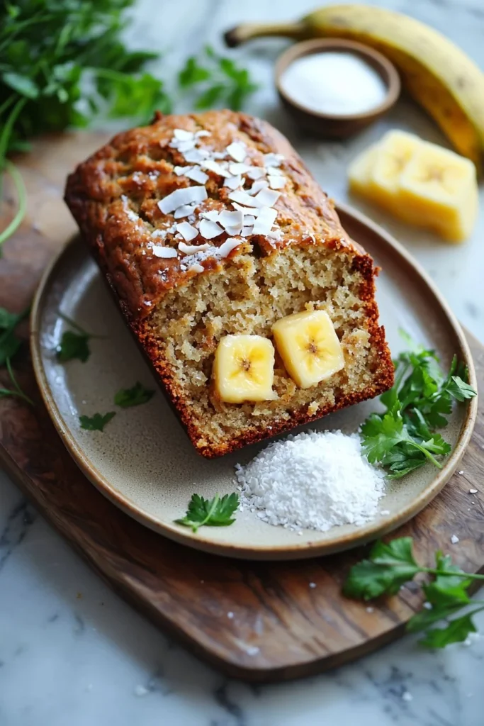 Coconut Pineapple Banana Bread served on a plate with tropical garnish.