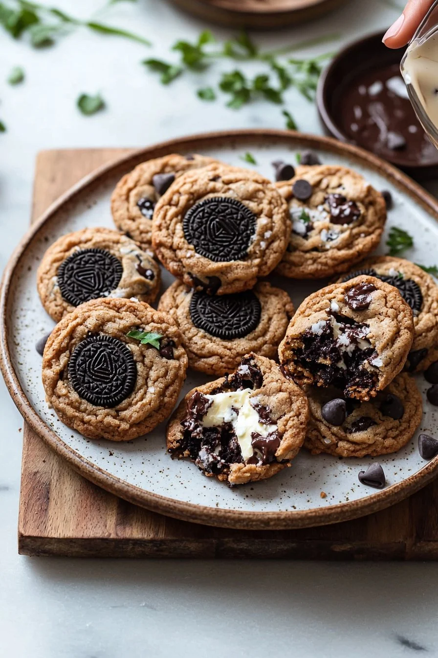 Freshly baked cookies and cream cookies with chocolate chunks and Oreo pieces.