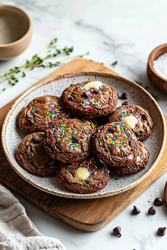 Delicious cosmic brownie cookies with chocolate chips and colorful sprinkles