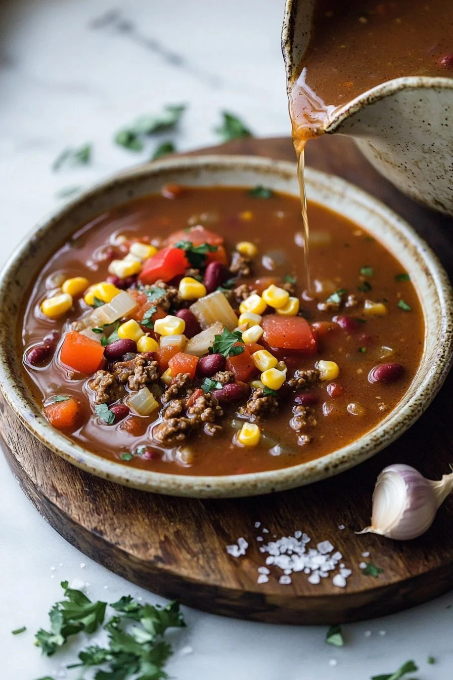 Bowl of Cowboy Soup with colorful vegetables and beans