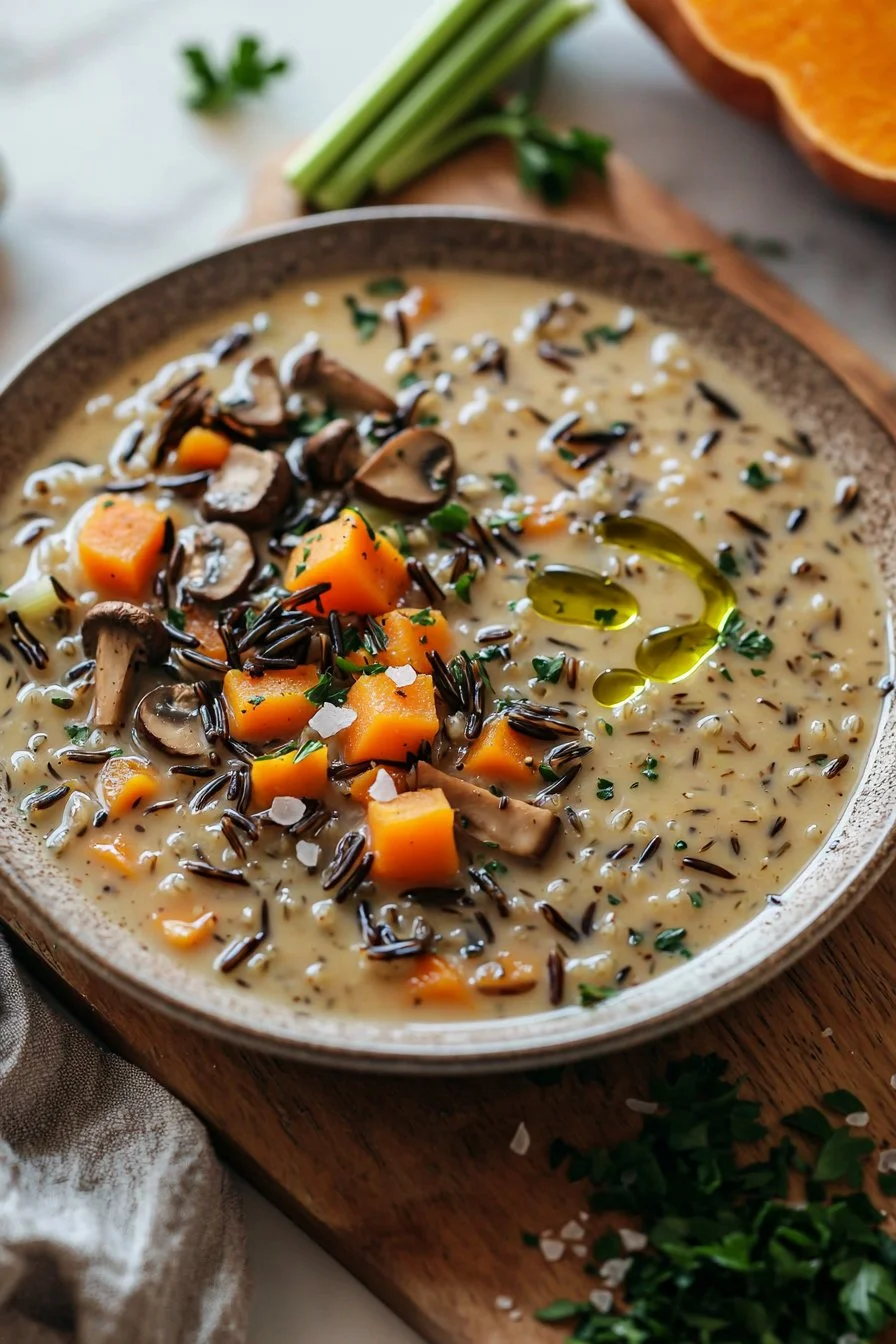 Bowl of cozy autumn wild rice soup garnished with herbs.