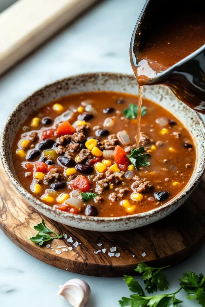 Bowl of cozy Crockpot Cowboy Soup with beef, beans, and vegetables