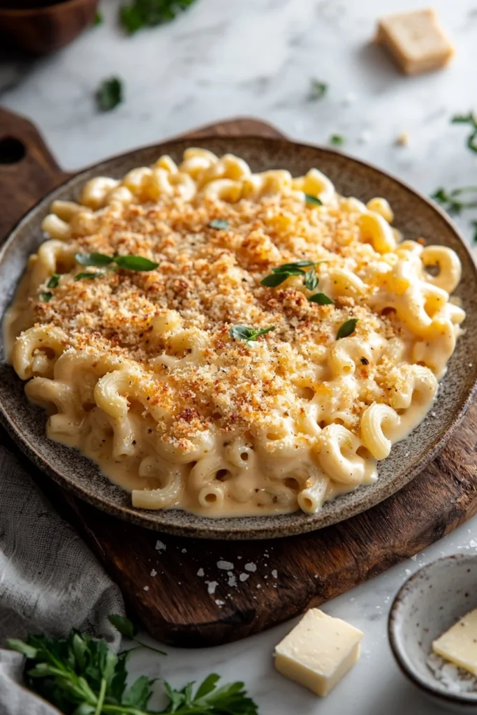 Creamy baked macaroni and cheese in a casserole dish topped with golden breadcrumbs
