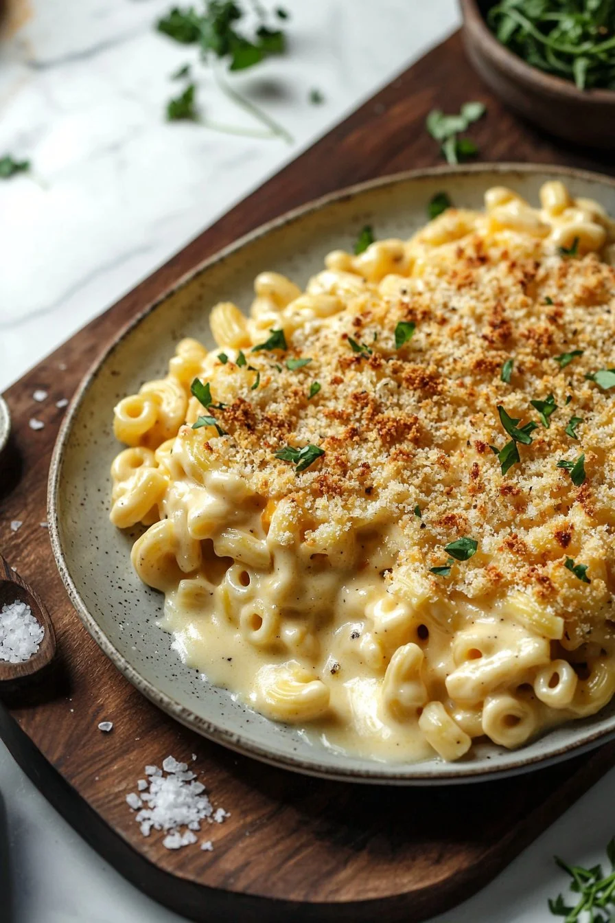 Creamy baked macaroni and cheese in a casserole dish