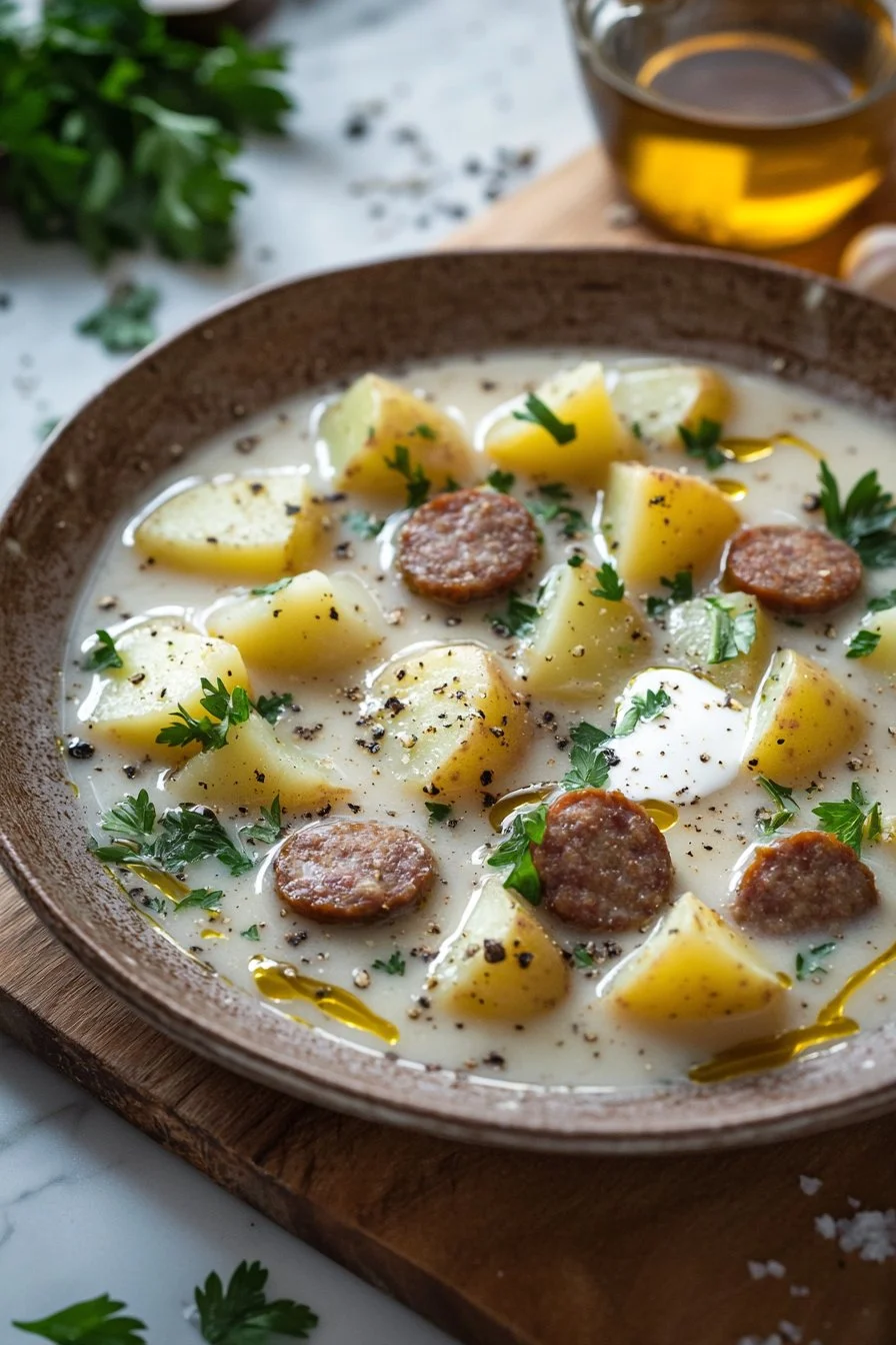 Creamy beef sausage potato soup in a bowl, garnished with fresh herbs.
