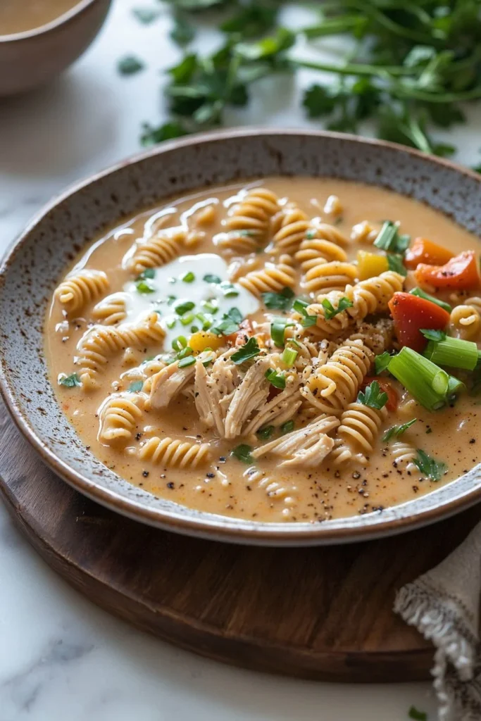 Creamy Cajun chicken pasta soup with colorful vegetables and spices
