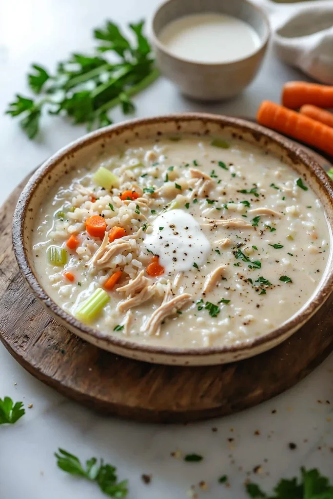 Bowl of creamy chicken and rice soup garnished with herbs