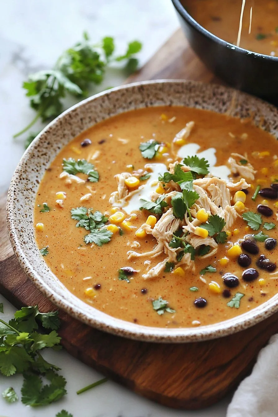 Creamy chicken enchilada soup garnished with cheese and cilantro in a bowl