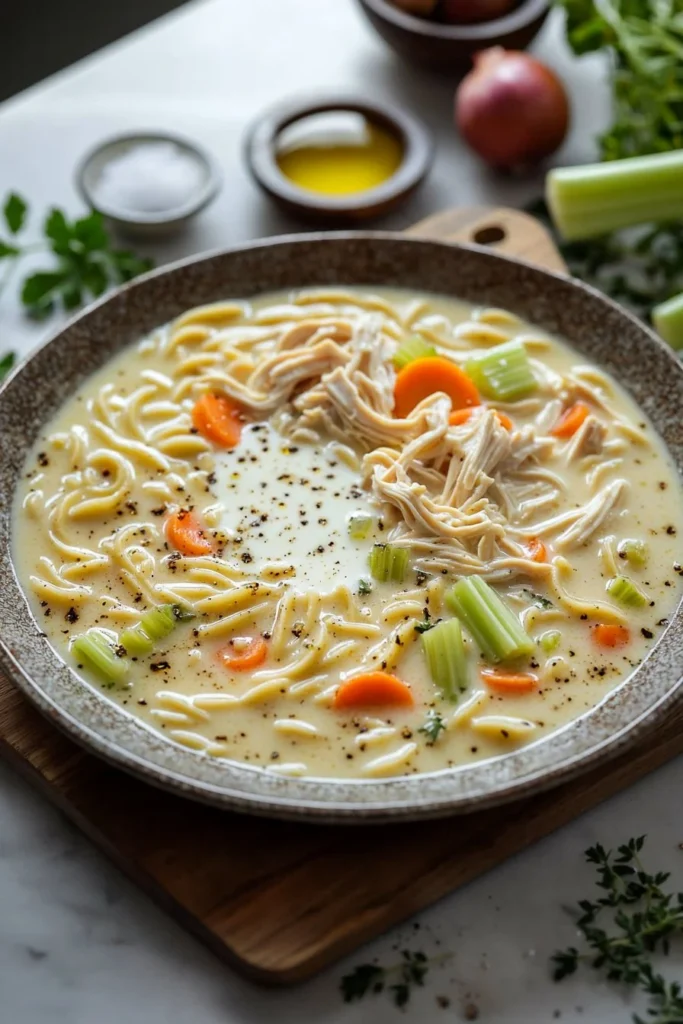 A bowl of creamy chicken noodle soup with vegetables and herbs on a wooden table.