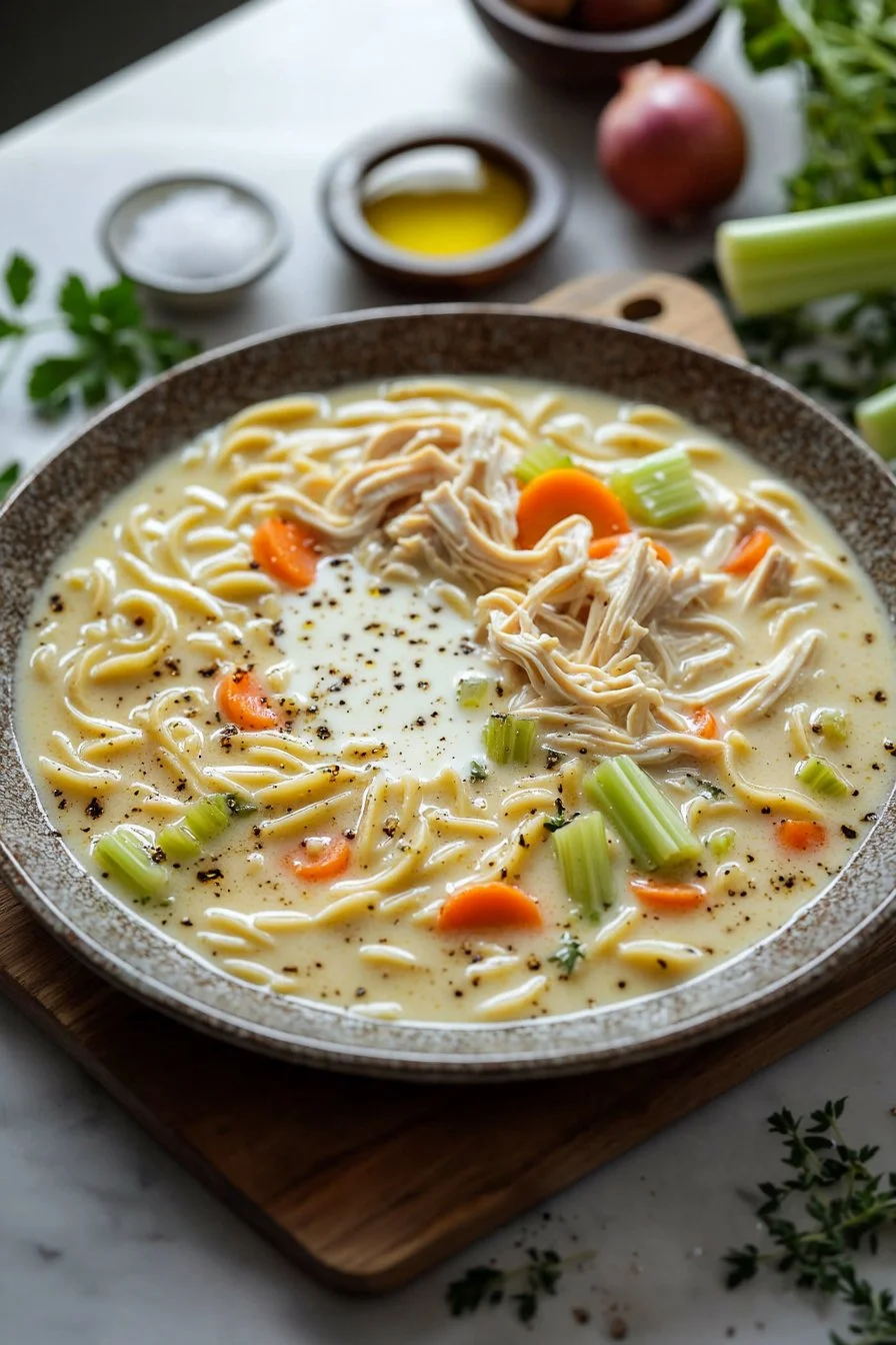 A bowl of creamy chicken noodle soup with vegetables and herbs on a wooden table.