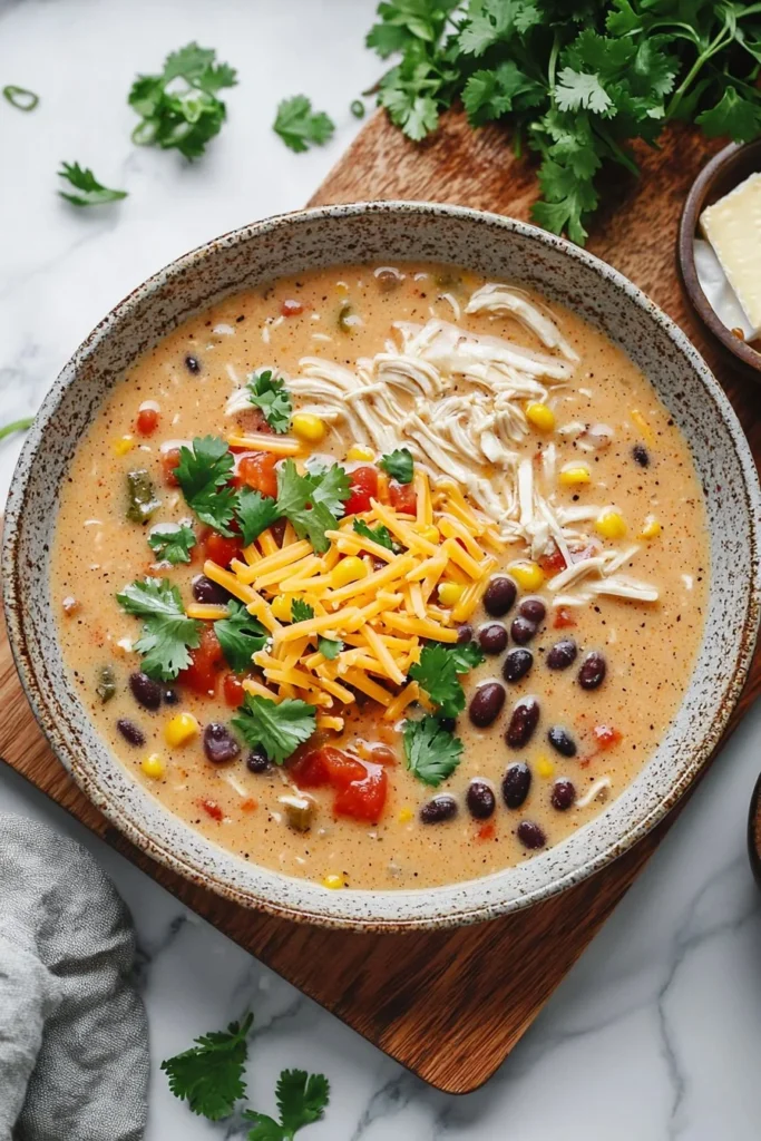 Bowl of creamy chicken taco soup garnished with cilantro and lime.