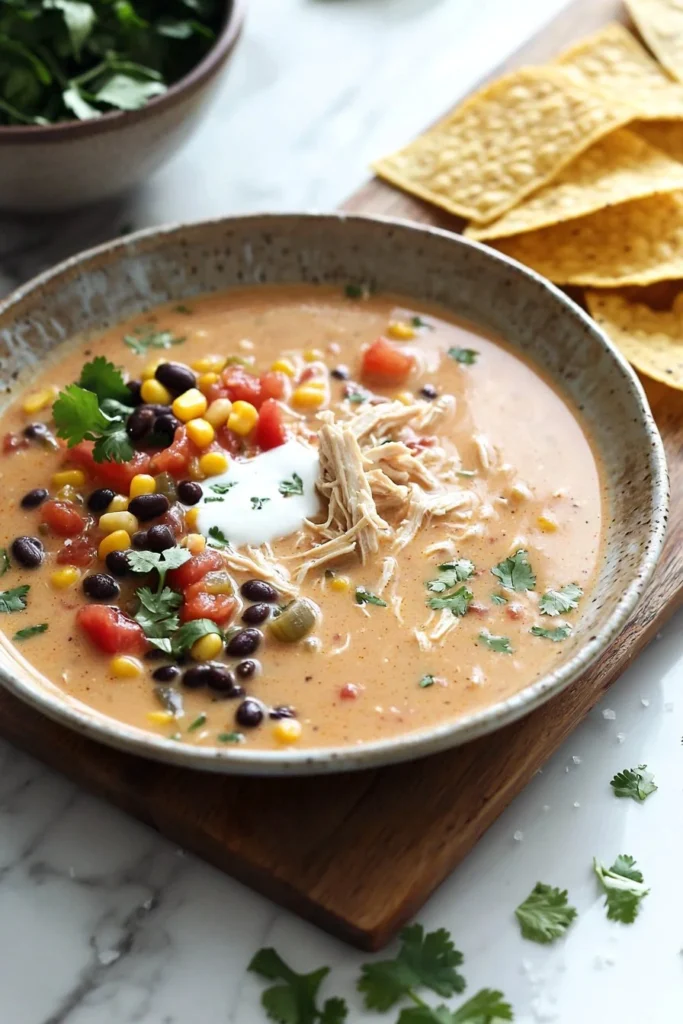 Bowl of creamy chicken tortilla soup garnished with tortilla strips
