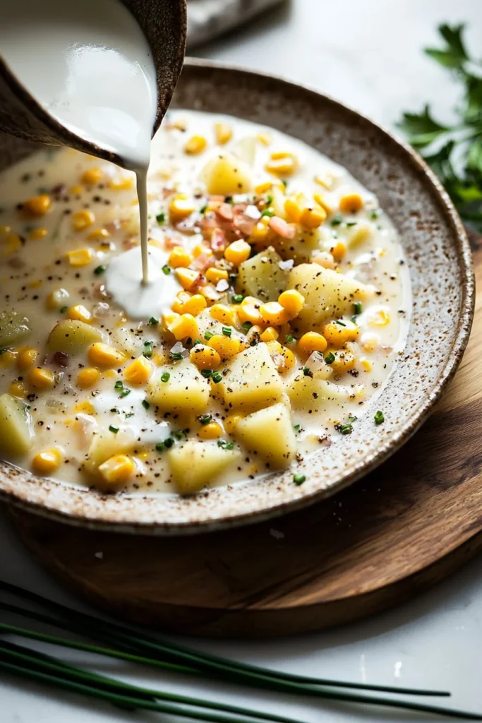 Bowl of creamy corn chowder topped with herbs and served with bread