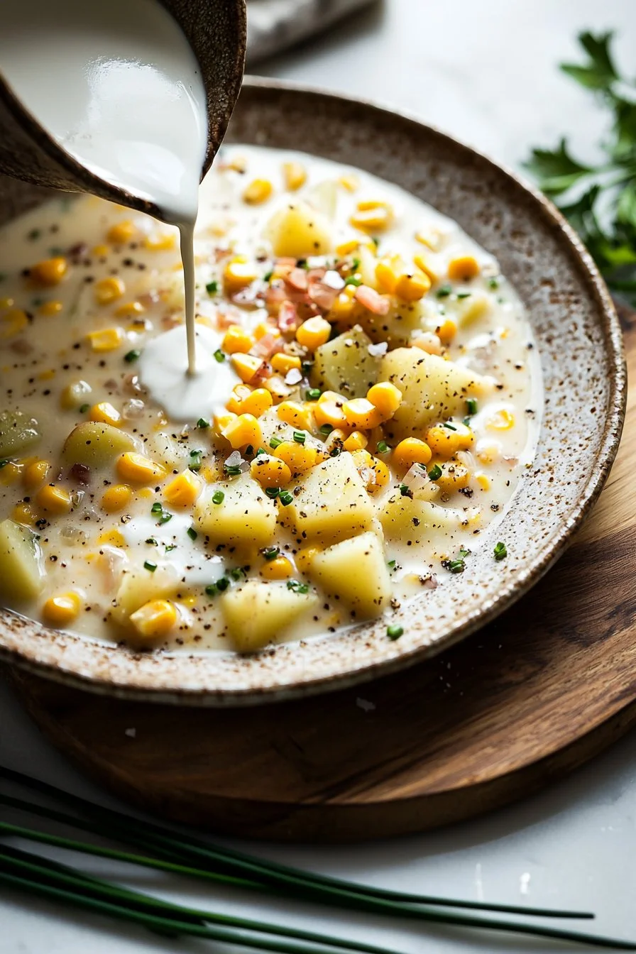 Bowl of creamy corn chowder topped with herbs and served with bread