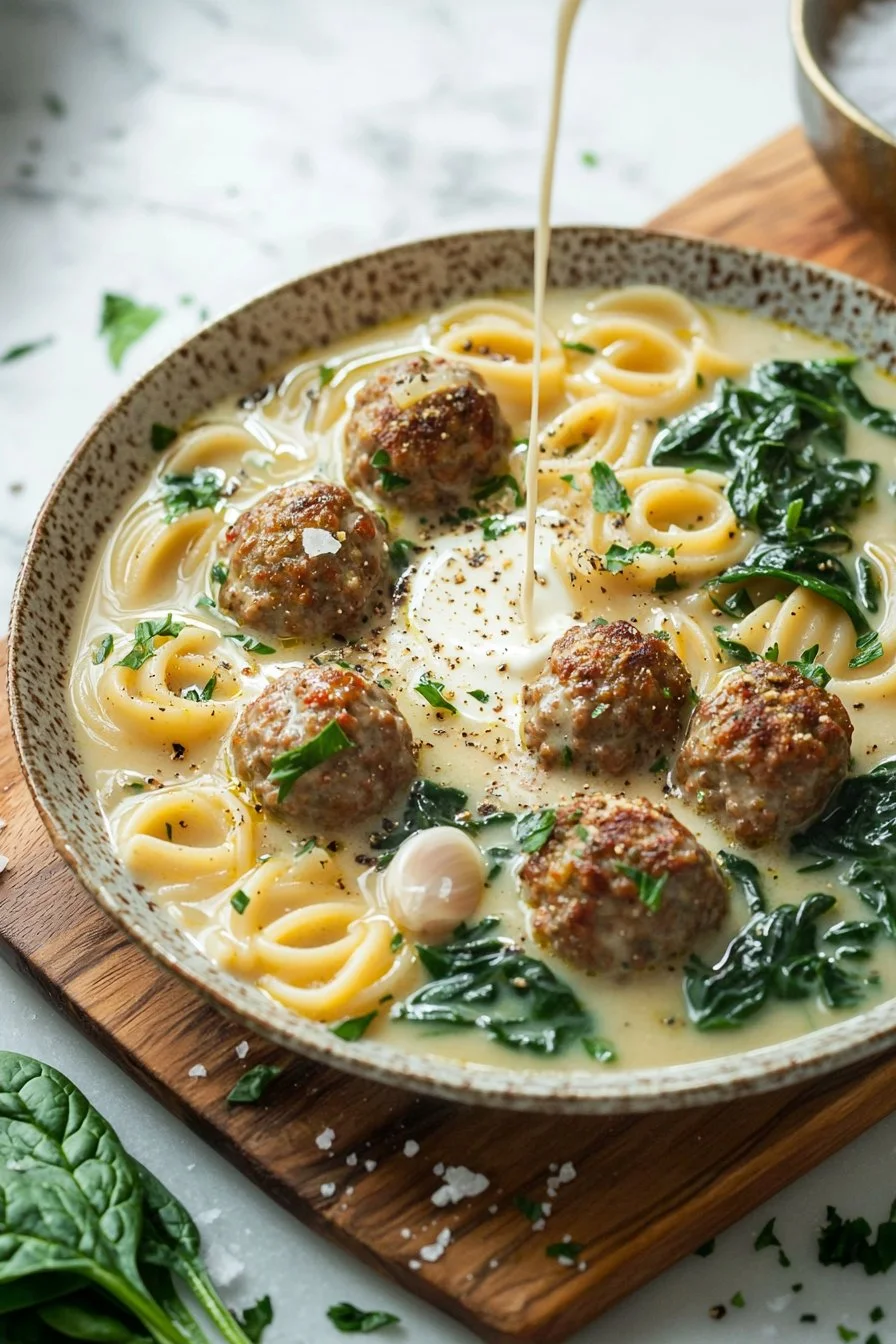 Bowl of creamy Italian meatball soup garnished with parsley and cheese