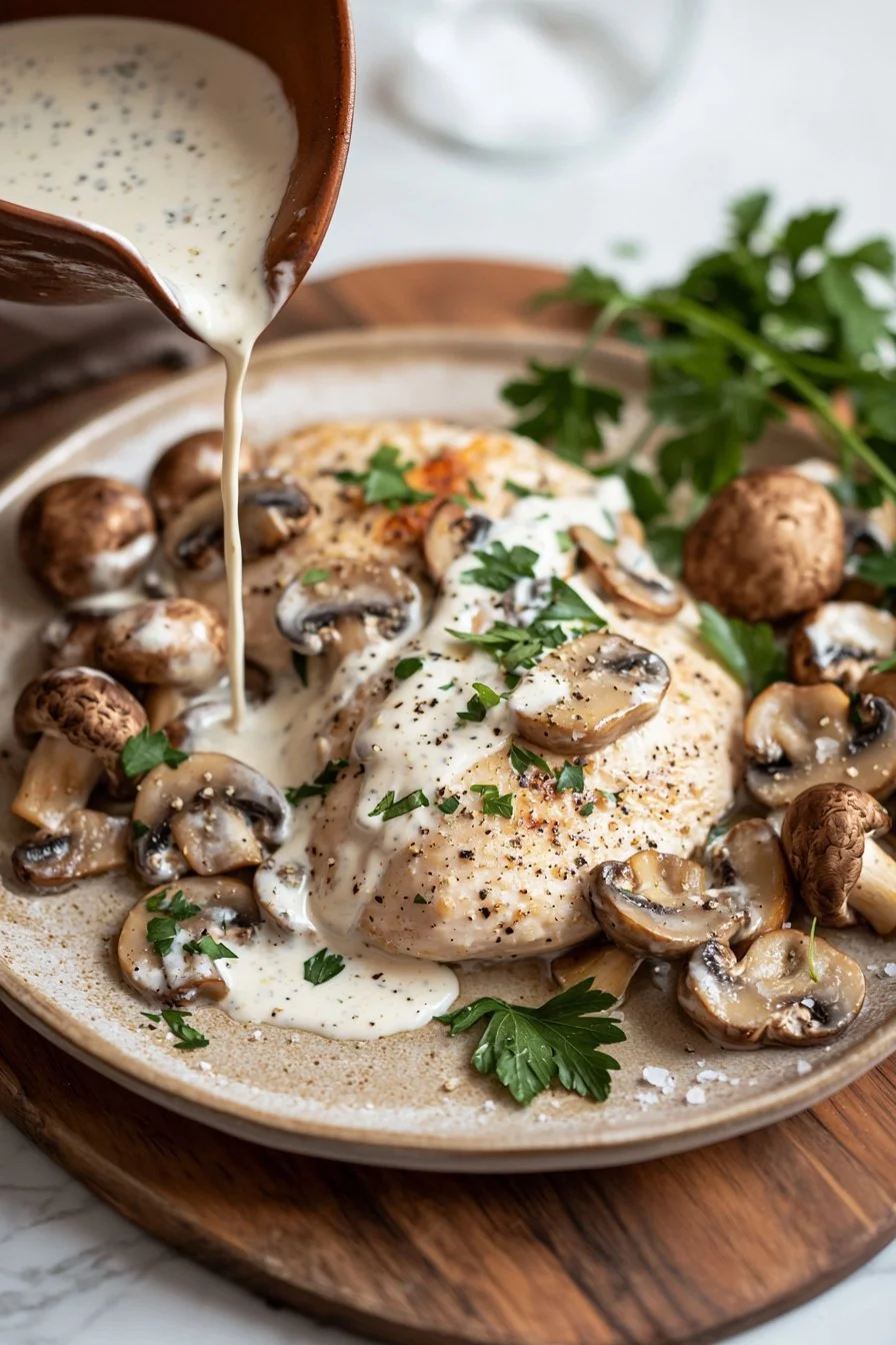 Creamy mushroom chicken served with herbs and sauce