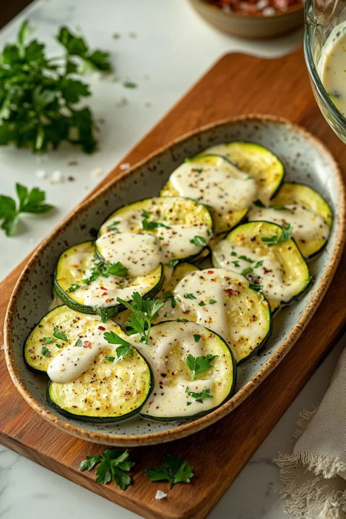 Creamy Parmesan Baked Zucchini dish topped with golden cheese