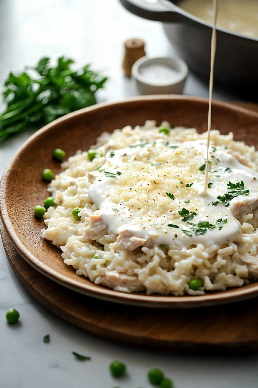 Creamy Parmesan One Pot Chicken and Rice dish topped with herbs