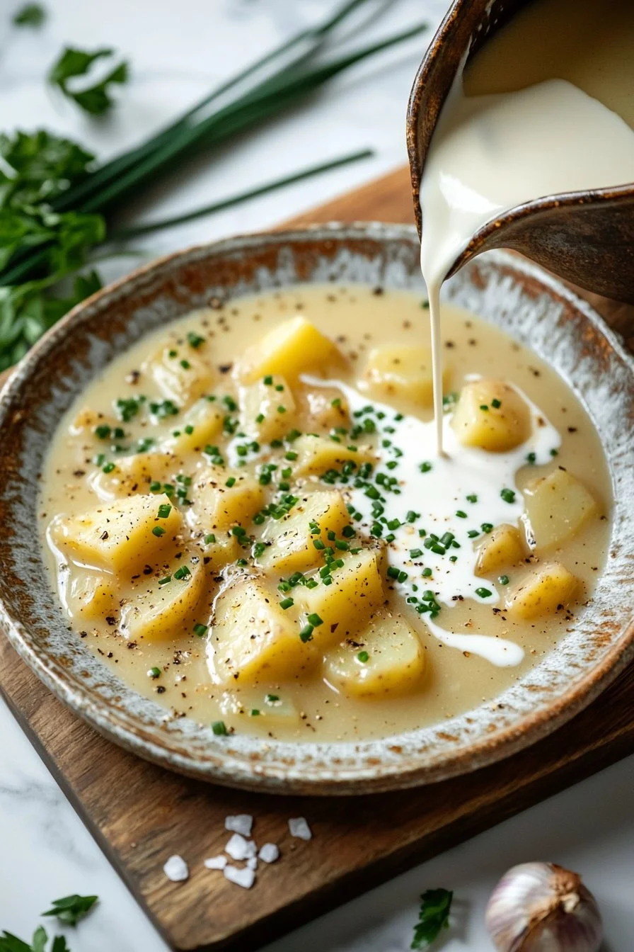 Bowl of creamy potato soup garnished with herbs and served with bread