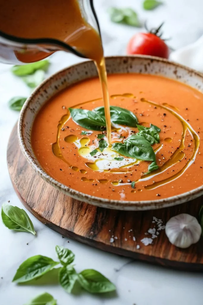 Bowl of creamy tomato bisque soup garnished with fresh herbs