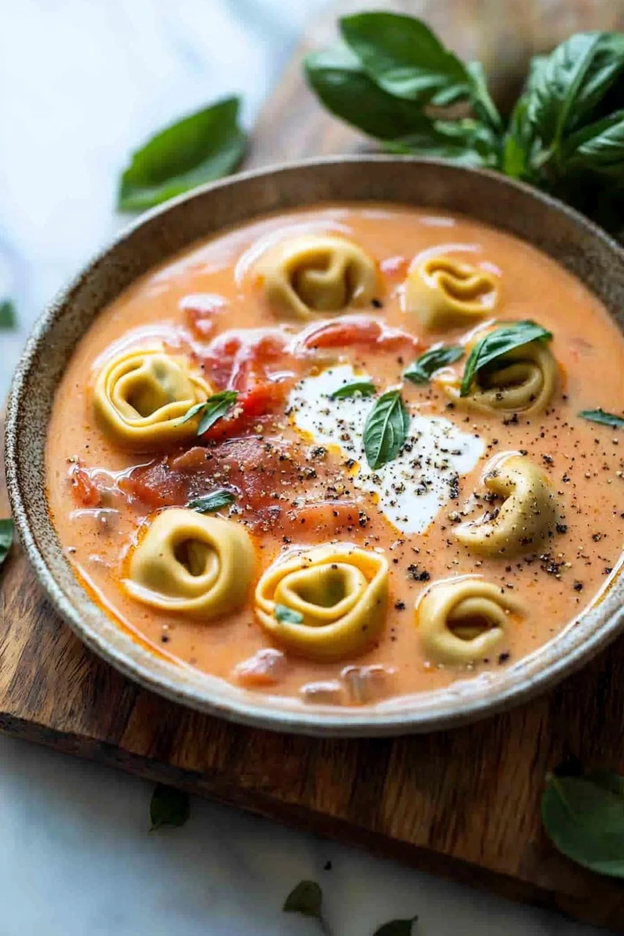 Creamy Tomato Tortellini Soup in a bowl with fresh basil garnish