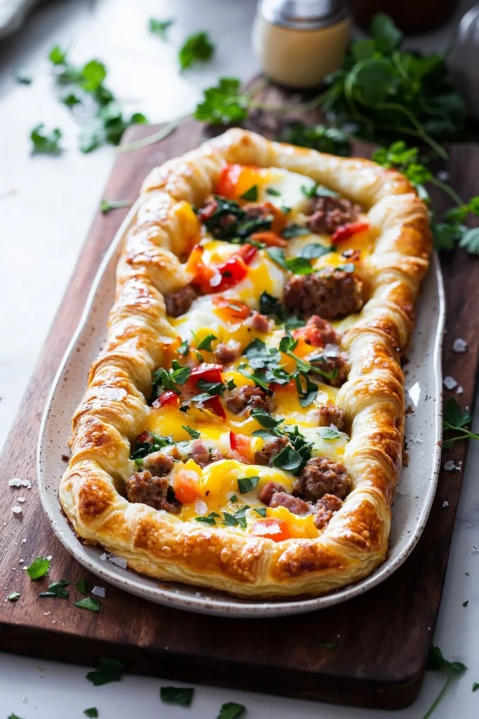 Crescent Breakfast Tart topped with eggs, cheese, and vegetables.