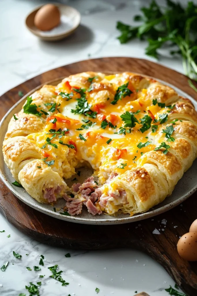Delicious Crescent Roll Breakfast Casserole baked with eggs and cheese