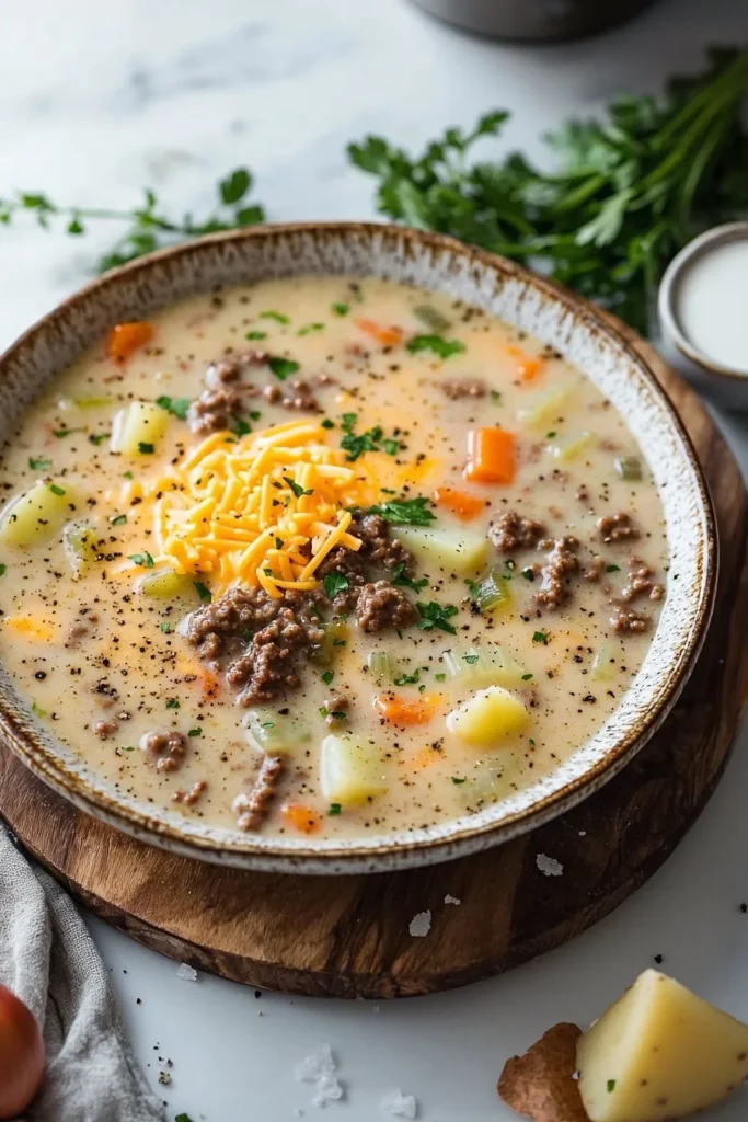 A bowl of hearty crock pot cheeseburger soup garnished with cheese and herbs
