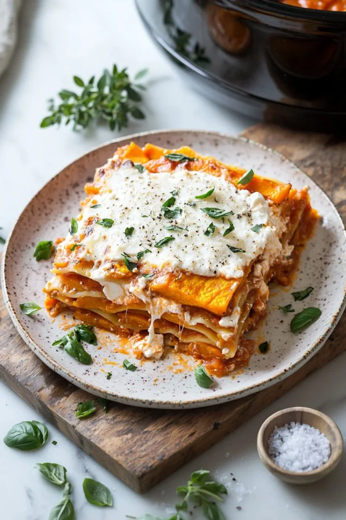 Crock-Pot Sweet Potato Lasagna layered with vegetables and cheese