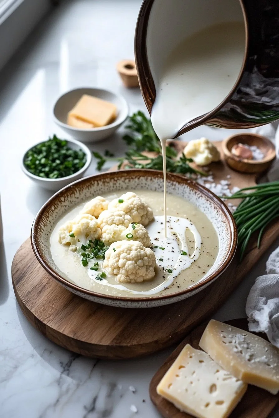 Bowl of creamy crockpot cauliflower soup with herbs on top.