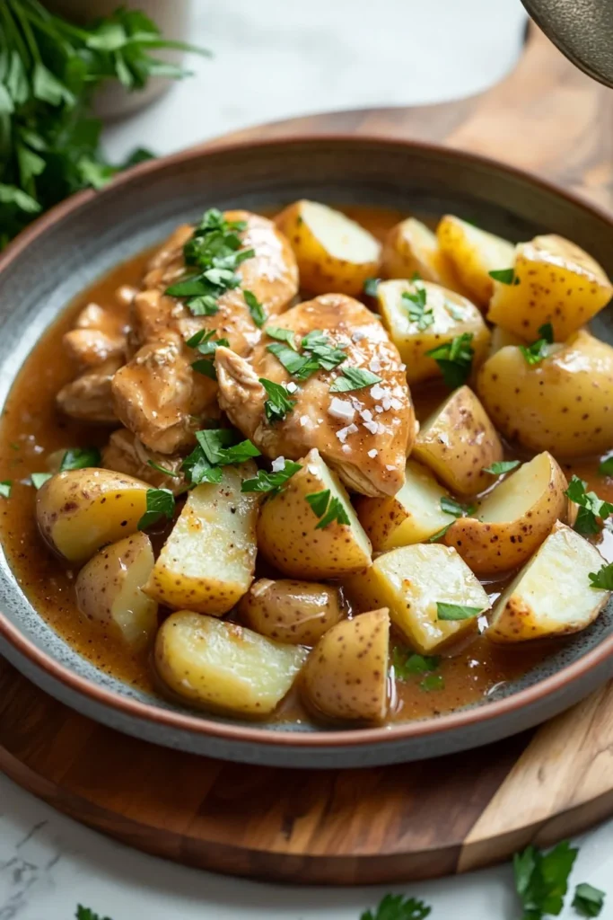 Crockpot chicken and potatoes dish ready to serve.