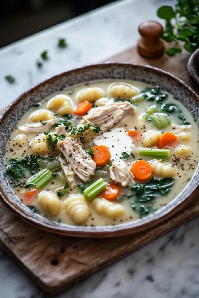 Bowl of creamy Crockpot Chicken Gnocchi Soup topped with fresh herbs.