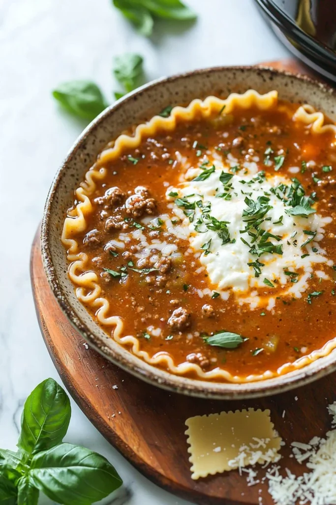 Bowl of hearty Crockpot Lasagna Soup topped with cheese and herbs
