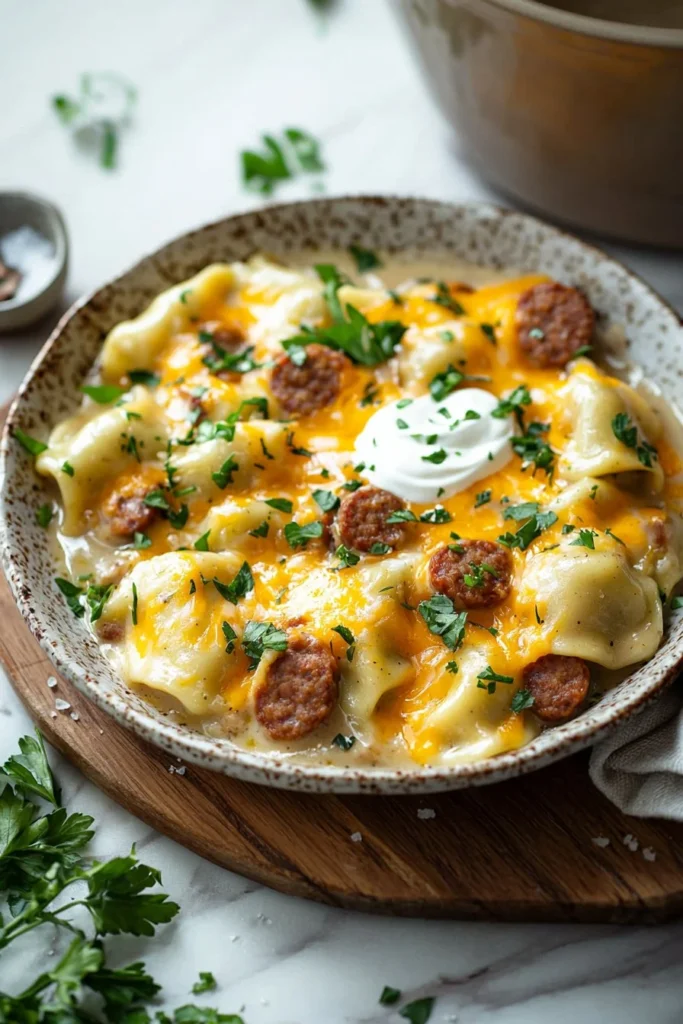 Crockpot Pierogi Casserole with Beef Sausage in a slow cooker