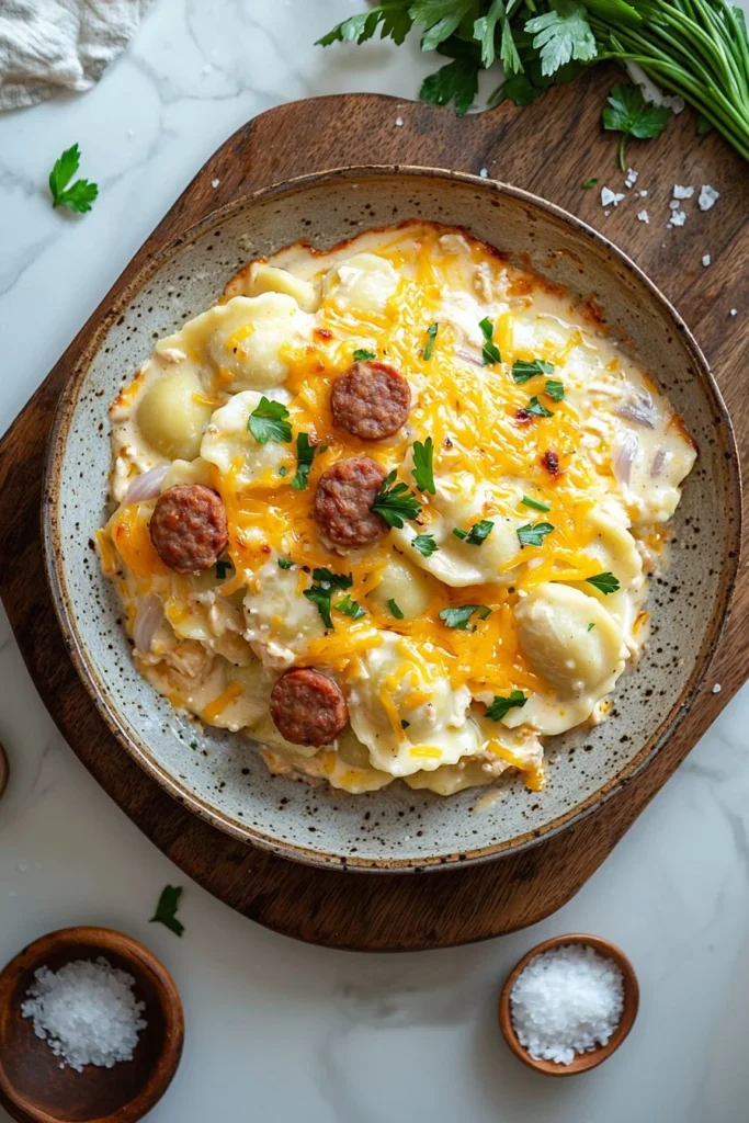 Delicious Crockpot Pierogi Casserole with Chicken Sausage ready to serve.