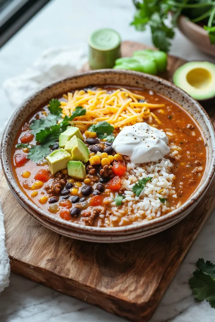 Crockpot Taco Rice Soup topped with cheese and cilantro in a bowl