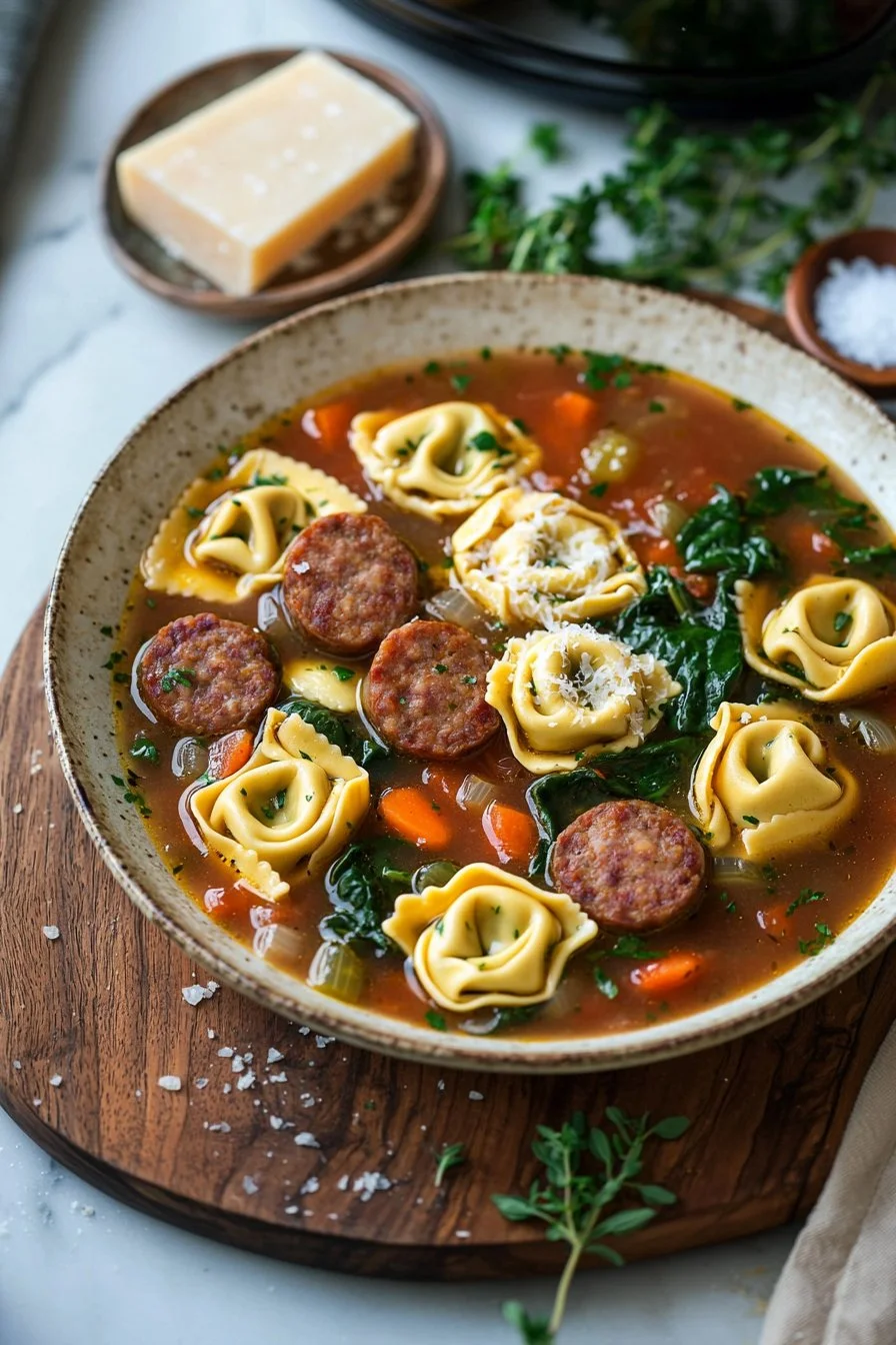 Bowl of hearty Crockpot Tortellini Soup with Beef Sausage garnished with herbs.