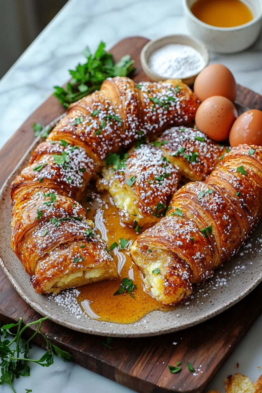 Delicious Croissant French Toast Bake served with syrup and berries